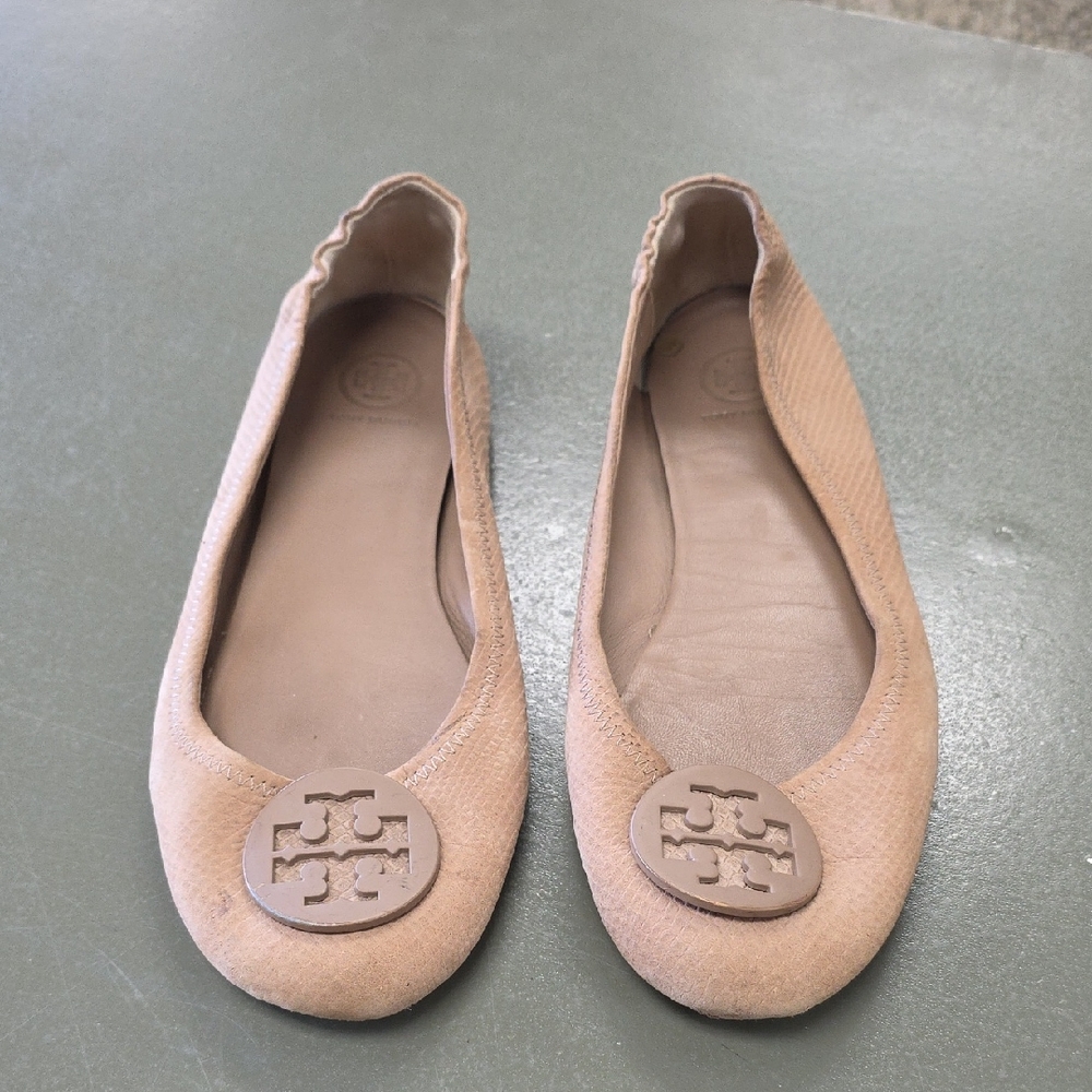 Tory Burch Beige Tan Logo Ballet Flats